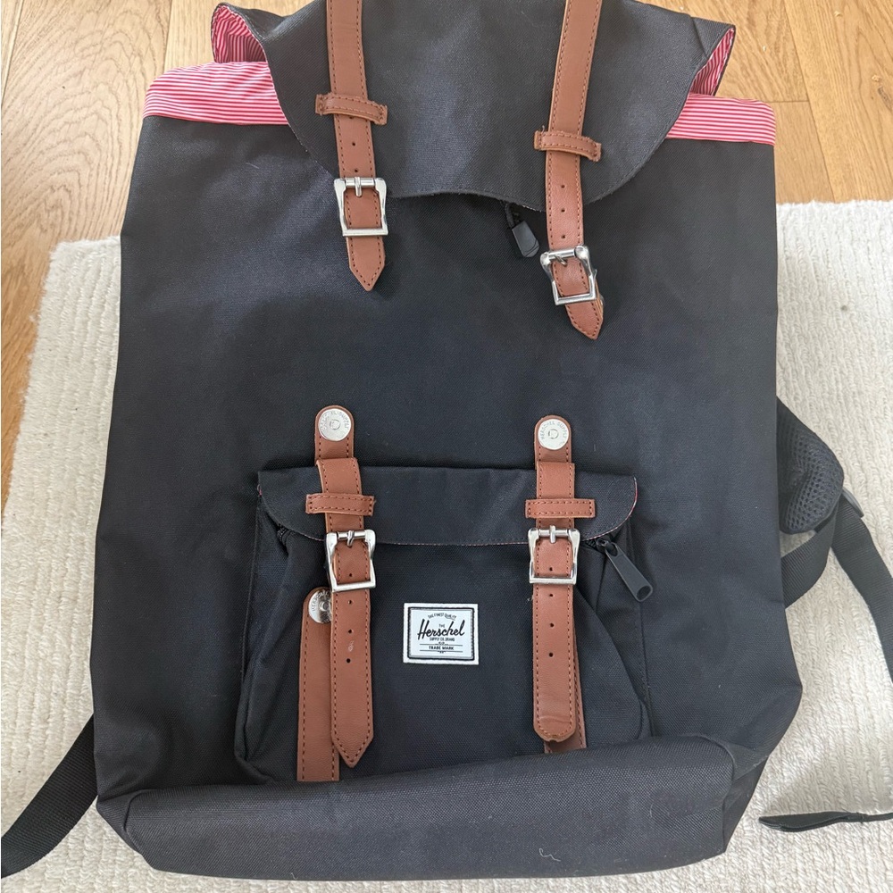 Herschel Supply Company Black Backpack with Brown Straps and Pink Liner
